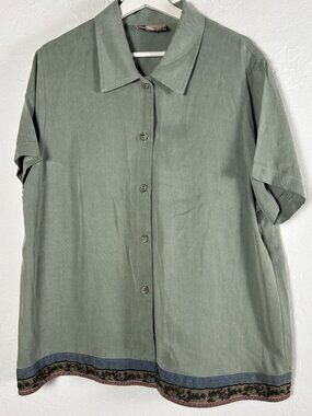 Earth Song Womens Sage Green Embroidered Trim Button-Down Shirt XL Short Sleeve